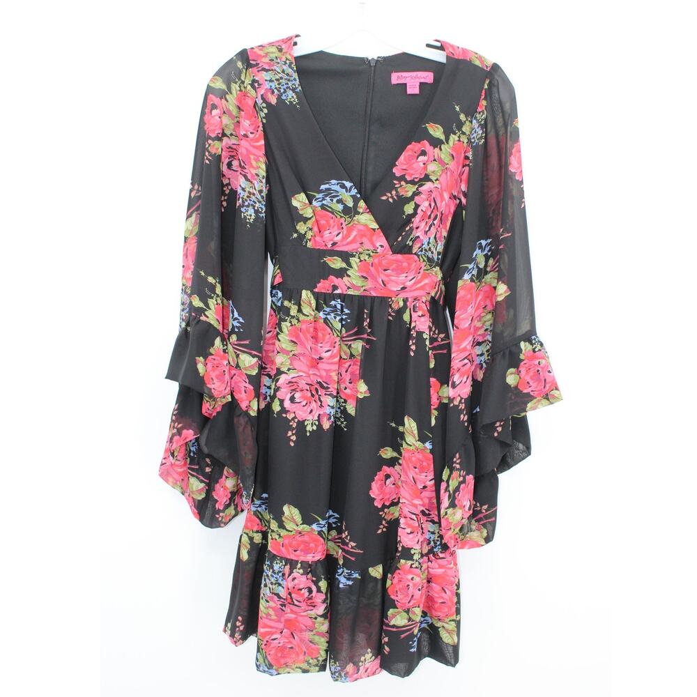 Betsy Johnson Bambi Black Floral Bell Sleeve Ruffle Mini Dress Women's 2